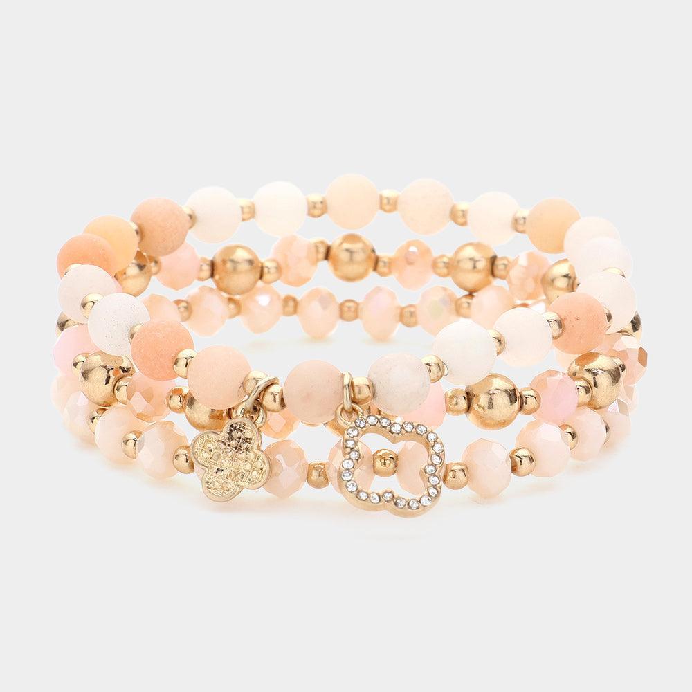 Pink 3PCS - Quatrefoil Charm Faceted Beads Natural Stone Beaded Stretch Multi Layered Bracelets - Jewelry Store by Erik Rayo