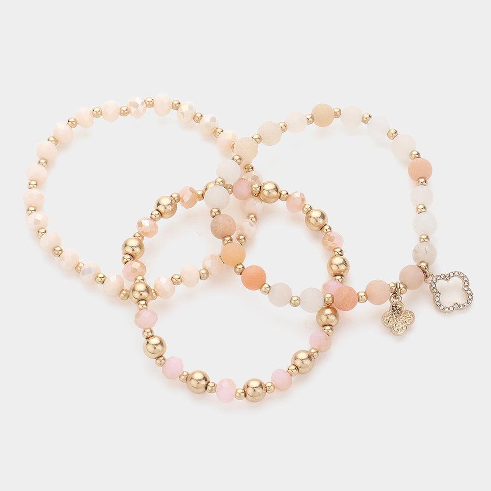 Pink 3PCS - Quatrefoil Charm Faceted Beads Natural Stone Beaded Stretch Multi Layered Bracelets - Jewelry Store by Erik Rayo
