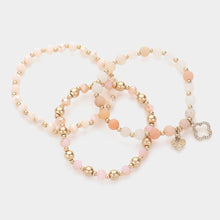 Load image into Gallery viewer, Pink 3PCS - Quatrefoil Charm Faceted Beads Natural Stone Beaded Stretch Multi Layered Bracelets
