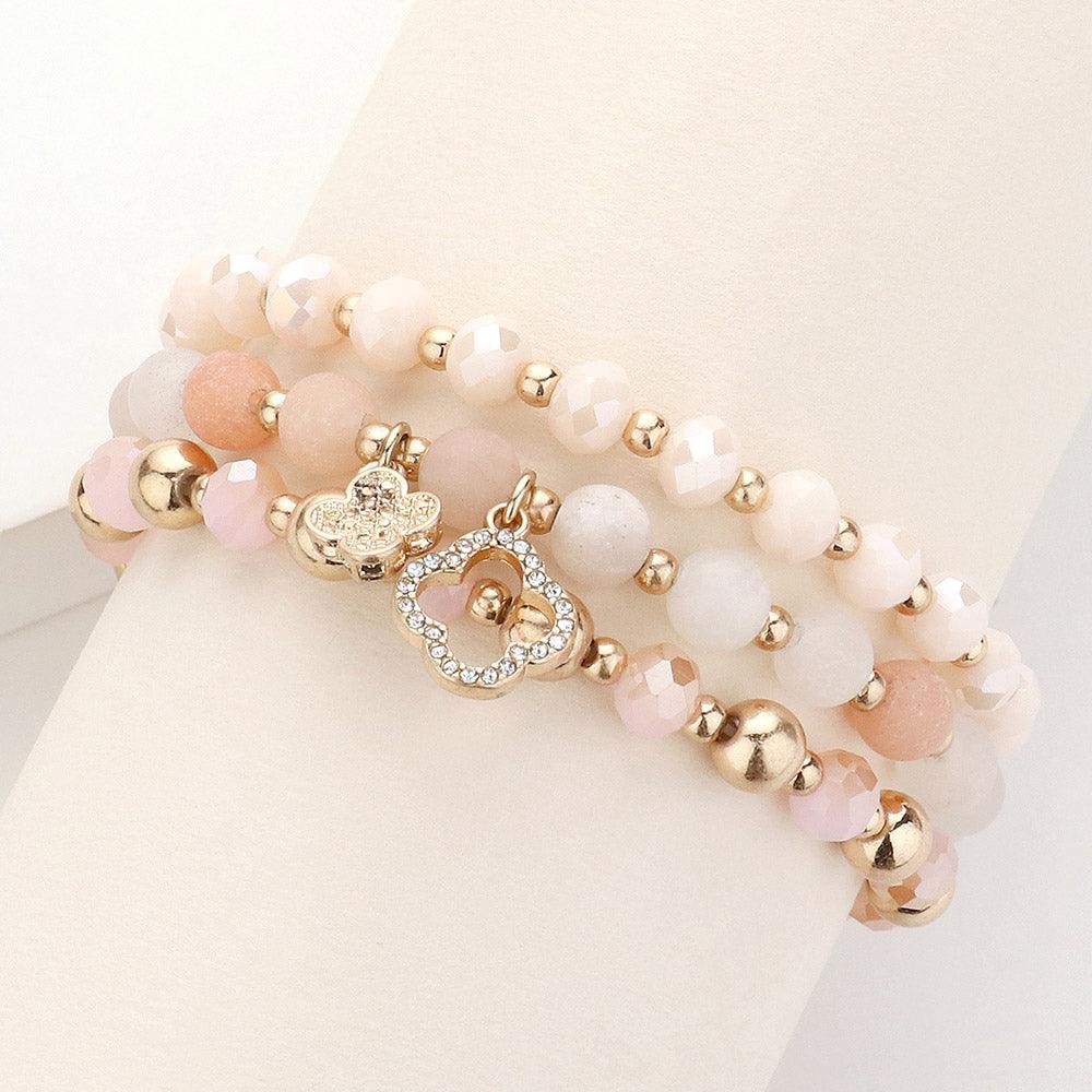 Pink 3PCS - Quatrefoil Charm Faceted Beads Natural Stone Beaded Stretch Multi Layered Bracelets