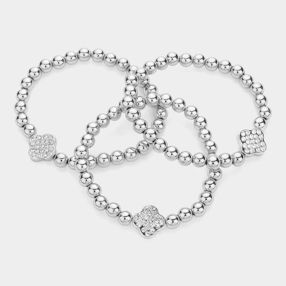 3PCS - Stone Paved Quatrefoil Pointed Metal Beaded Stretch Multi Layered Bracelets - Jewelry Store by Erik Rayo