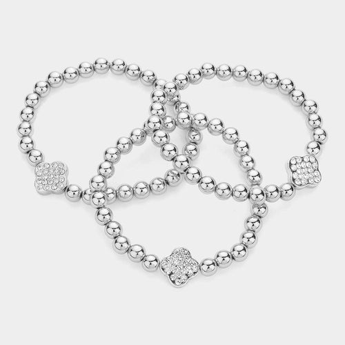 3PCS - Stone Paved Quatrefoil Pointed Metal Beaded Stretch Multi Layered Bracelets - Jewelry Store by Erik Rayo