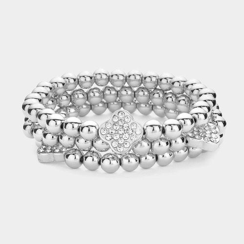 3PCS - Stone Paved Quatrefoil Pointed Metal Beaded Stretch Multi Layered Bracelets - Jewelry Store by Erik Rayo