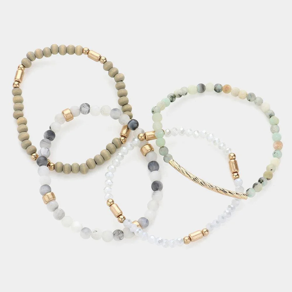 Silver 4PCS Metal Bar Pointed Faceted Beads Wood Ball Beaded Stretch Multi Layered Bracelets - Jewelry Store by Erik Rayo