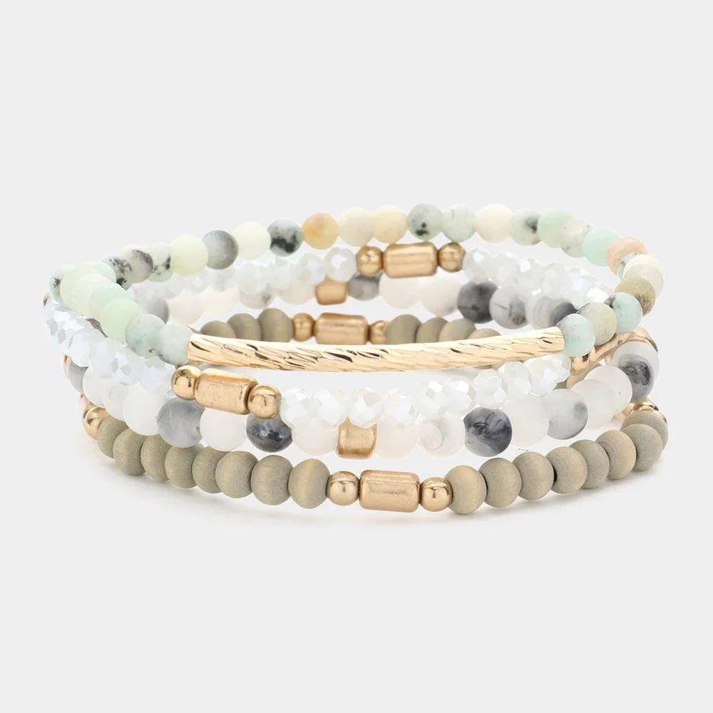 Silver 4PCS Metal Bar Pointed Faceted Beads Wood Ball Beaded Stretch Multi Layered Bracelets - Jewelry Store by Erik Rayo