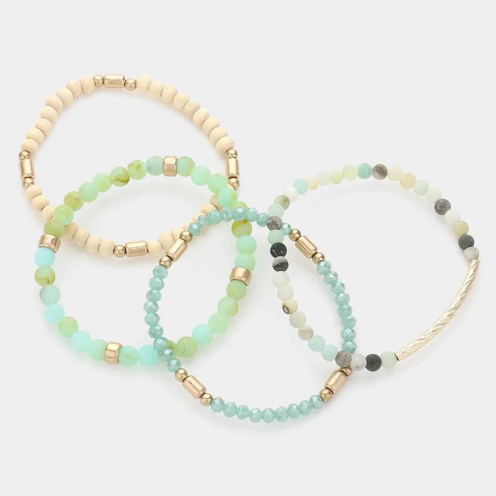 Gold 4PCS - Metal Bar Pointed Faceted Beads Wood Ball Beaded Stretch Multi Layered Bracelets - Jewelry Store by Erik Rayo