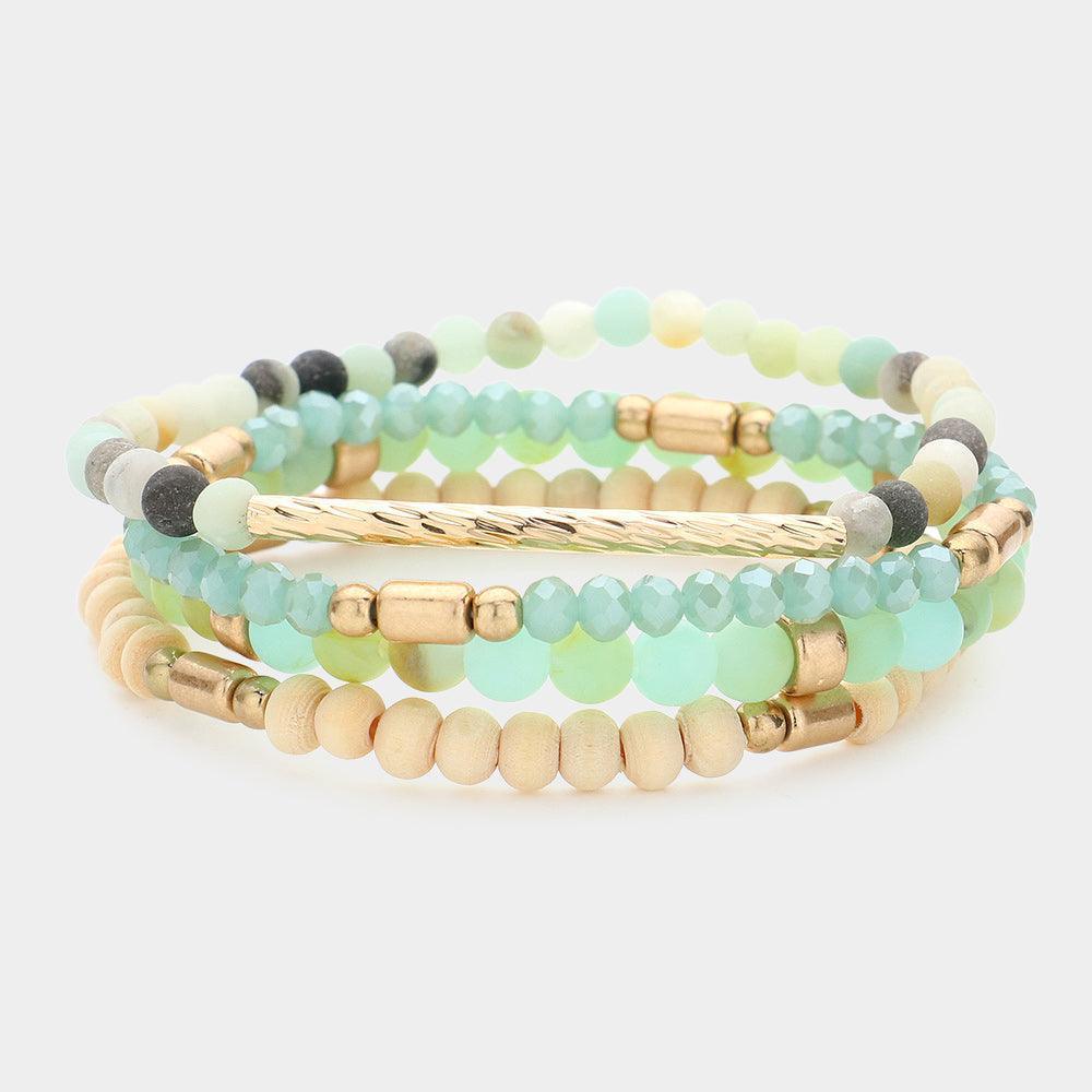 Gold 4PCS - Metal Bar Pointed Faceted Beads Wood Ball Beaded Stretch Multi Layered Bracelets - Jewelry Store by Erik Rayo