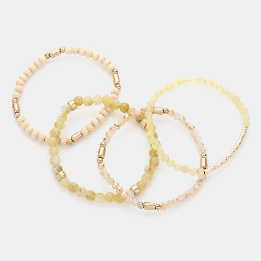 Gold 4PCS - Metal Bar Pointed Faceted Beads Wood Ball Beaded Stretch Multi Layered Bracelets - Jewelry Store by Erik Rayo