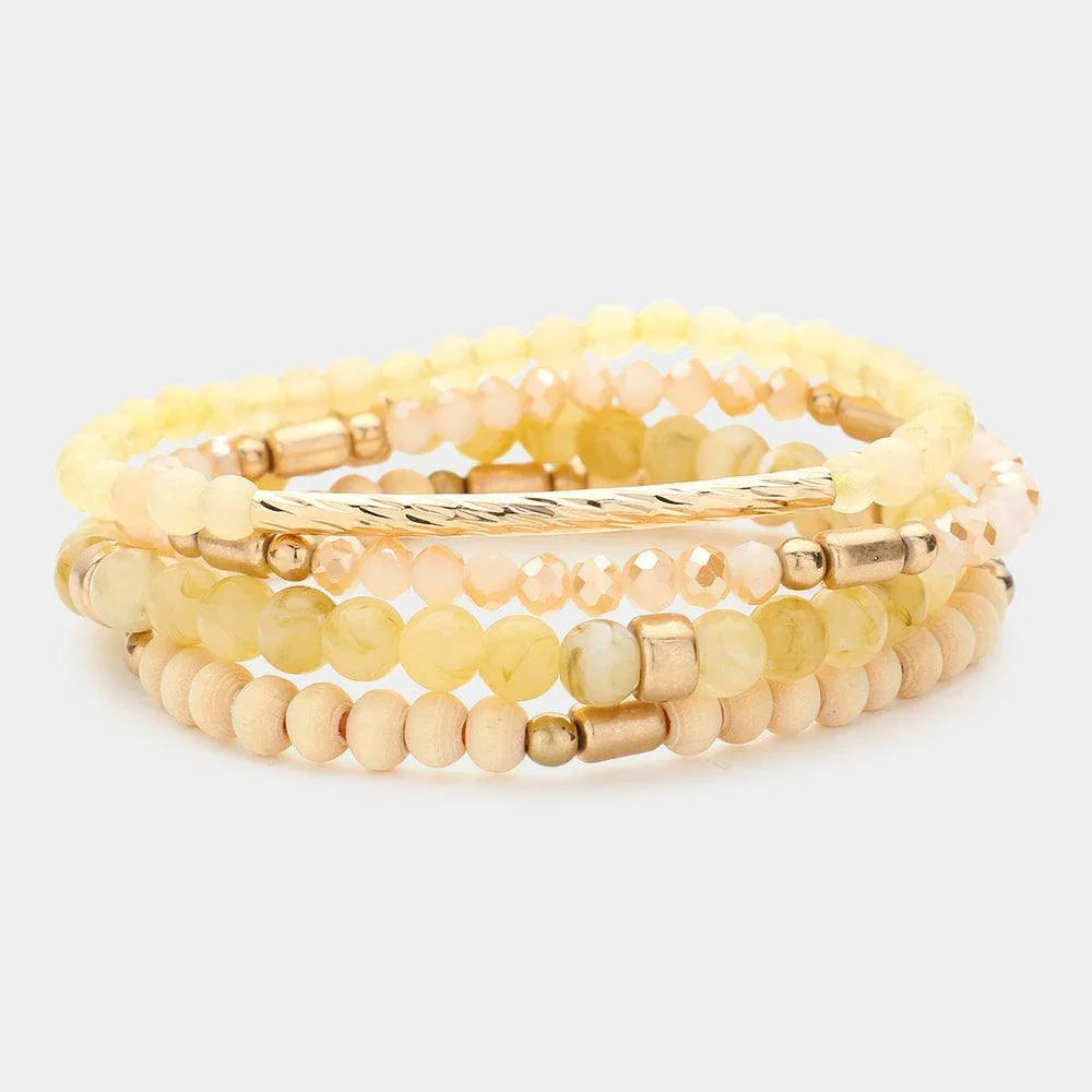 Gold 4PCS - Metal Bar Pointed Faceted Beads Wood Ball Beaded Stretch Multi Layered Bracelets - Jewelry Store by Erik Rayo