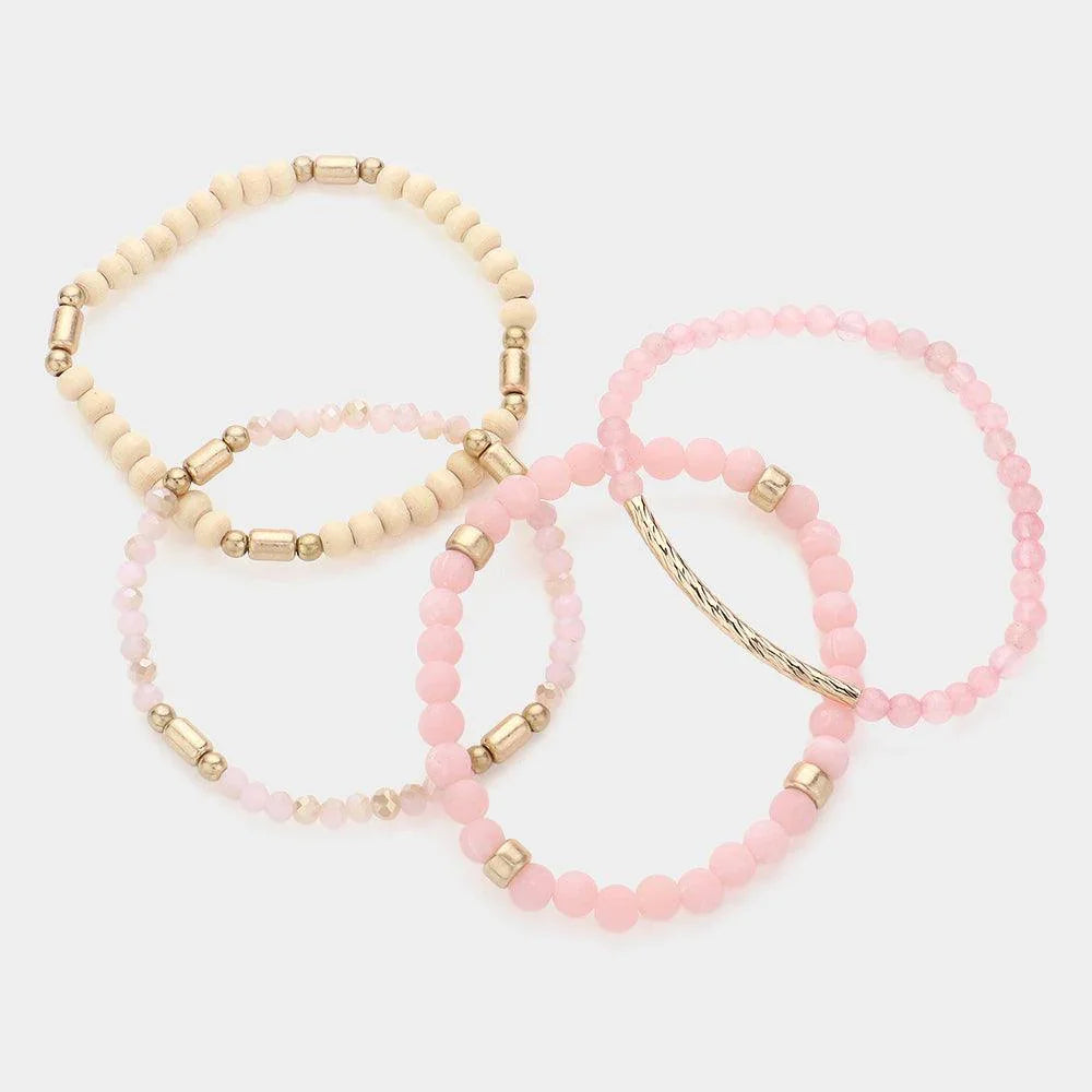Pink 4PCS - Metal Bar Pointed Faceted Beads Wood Ball Beaded Stretch Multi Layered Bracelets - Jewelry Store by Erik Rayo