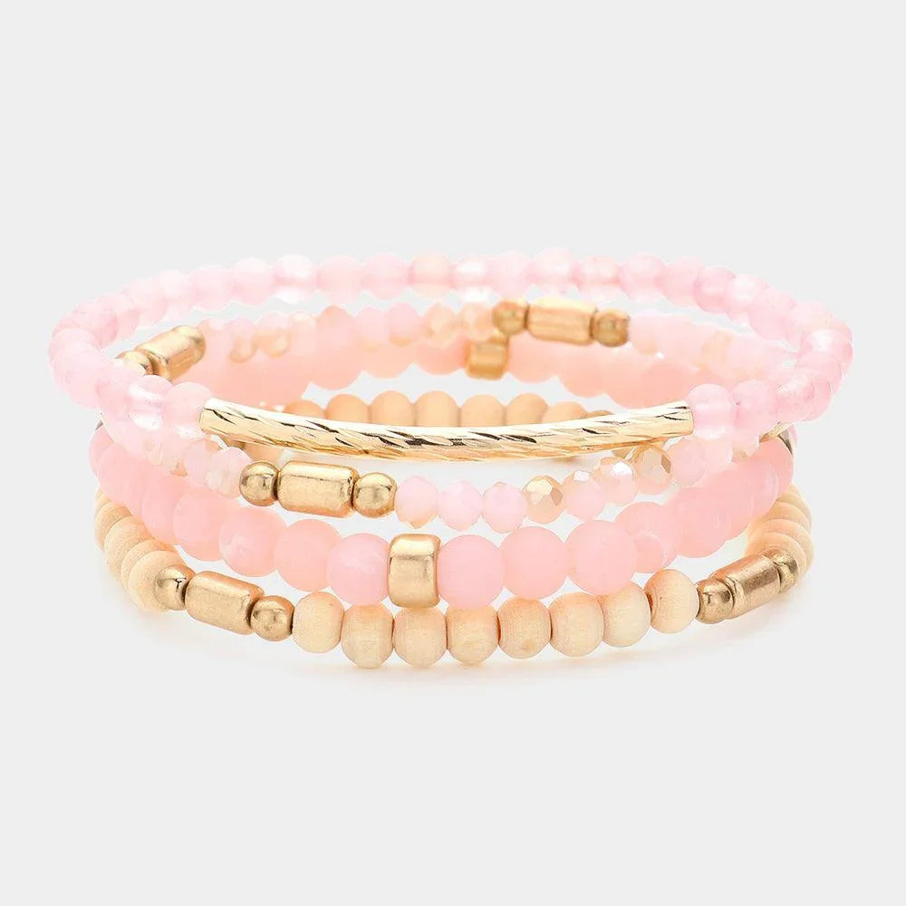 Pink 4PCS - Metal Bar Pointed Faceted Beads Wood Ball Beaded Stretch Multi Layered Bracelets - Jewelry Store by Erik Rayo