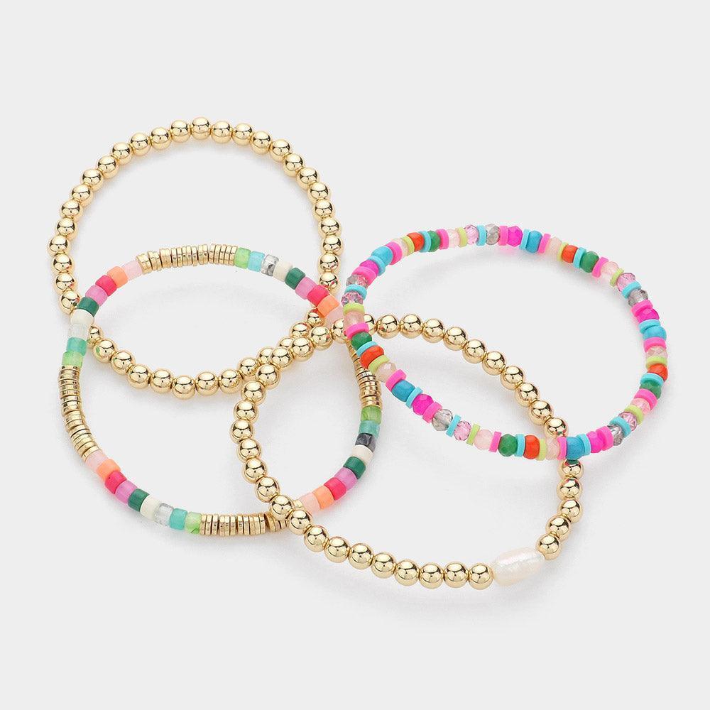 Gold 4PCS - Pearl Pointed Heishi Metal Ball Beaded Stretch Multi Layered Bracelets - Jewelry Store by Erik Rayo