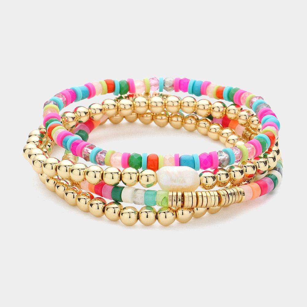 Gold 4PCS - Pearl Pointed Heishi Metal Ball Beaded Stretch Multi Layered Bracelets - Jewelry Store by Erik Rayo