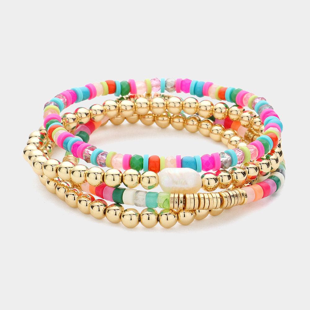 Gold 4PCS - Pearl Pointed Heishi Metal Ball Beaded Stretch Multi Layered Bracelets