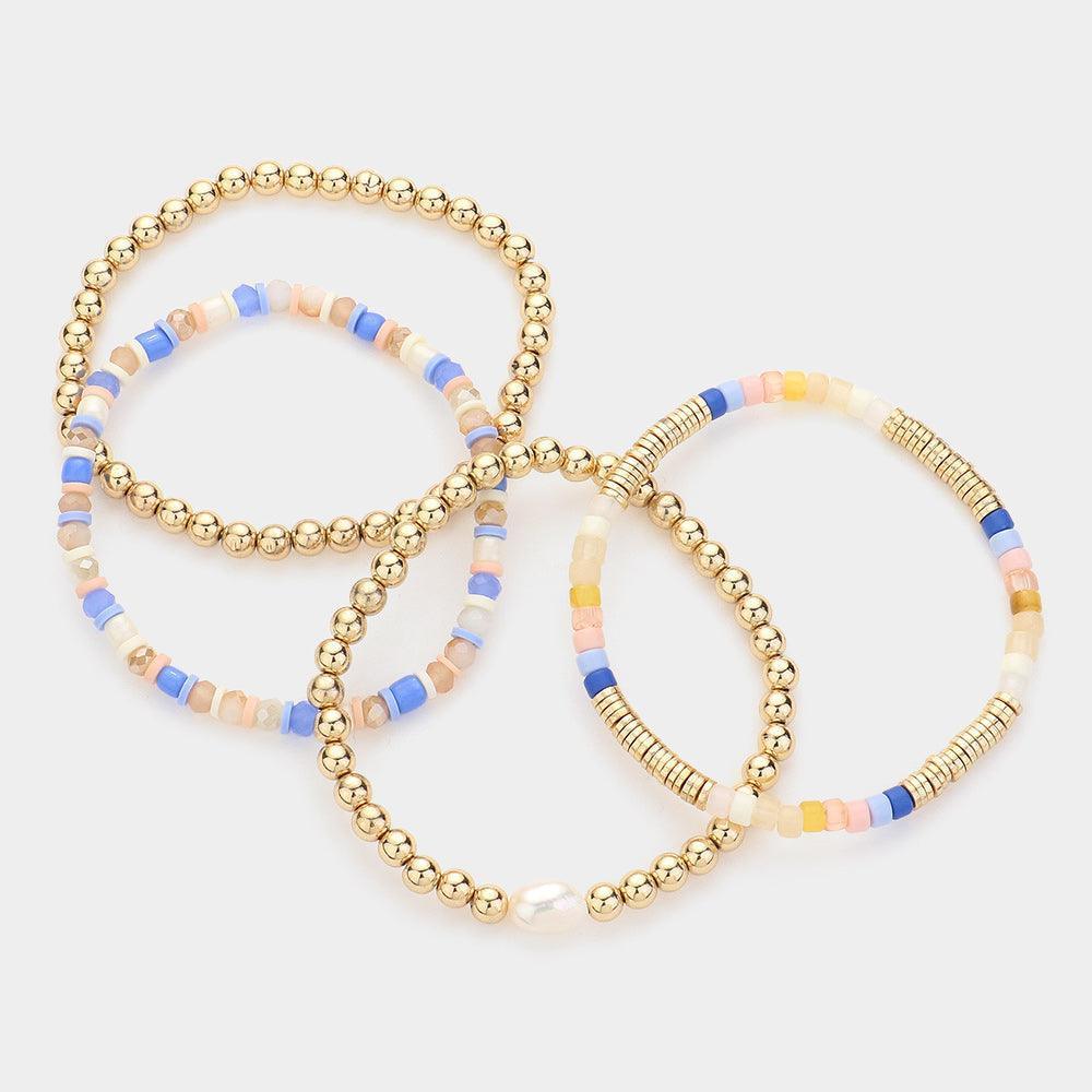 Blue 4PCS - Pearl Pointed Heishi Metal Ball Beaded Stretch Multi Layered Bracelets - Jewelry Store by Erik Rayo