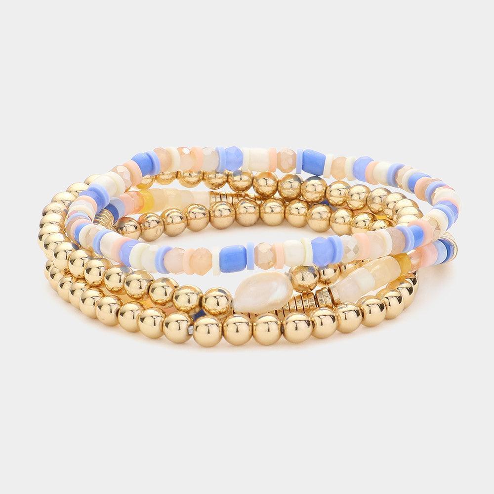 Blue 4PCS - Pearl Pointed Heishi Metal Ball Beaded Stretch Multi Layered Bracelets - Jewelry Store by Erik Rayo