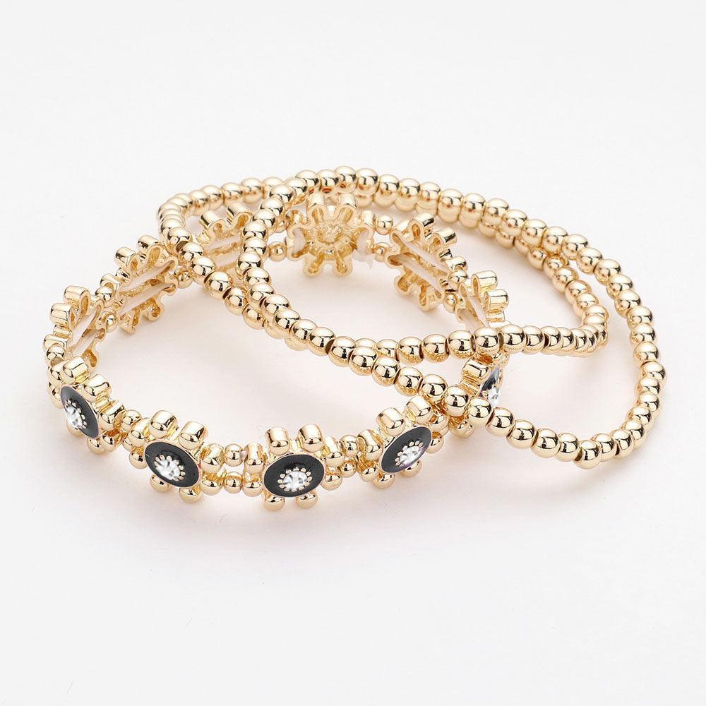 Black 3PCS Rhinestone Enamel Floral Stretch Layered Bracelets - Jewelry Store by Erik Rayo