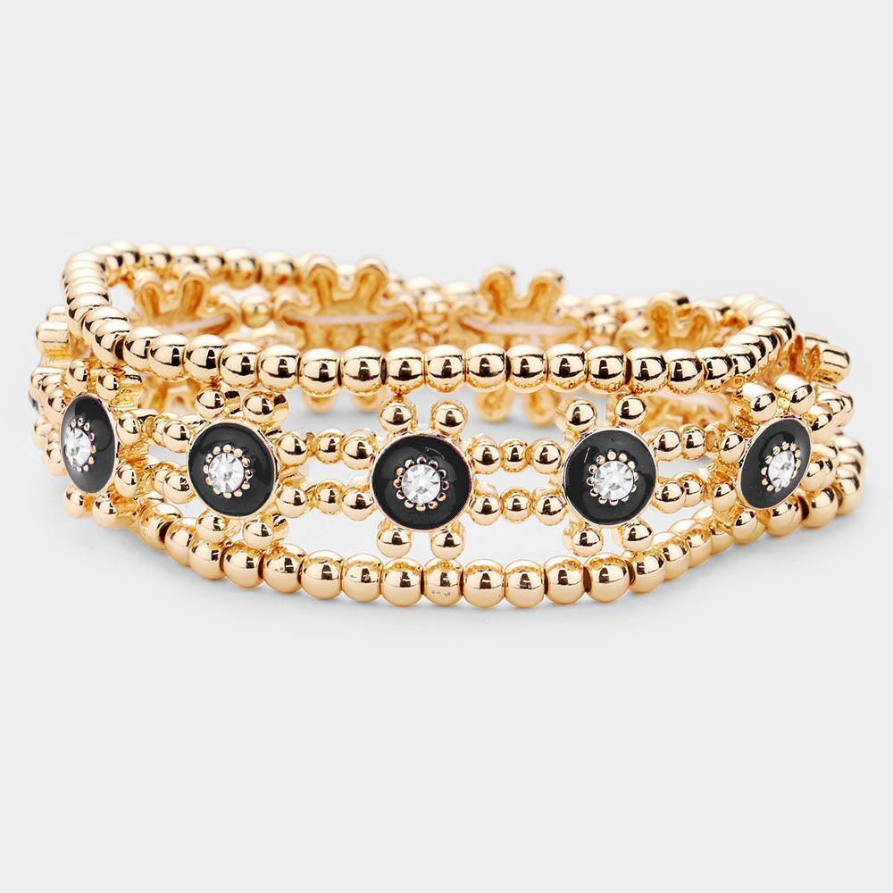 Black 3PCS Rhinestone Enamel Floral Stretch Layered Bracelets - Jewelry Store by Erik Rayo