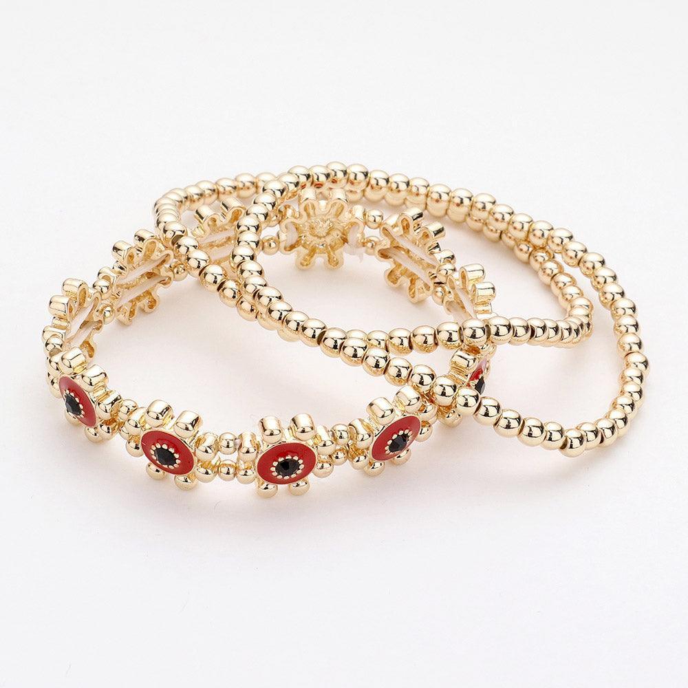 Red 3PCS Rhinestone Enamel Floral Stretch Layered Bracelets - Jewelry Store by Erik Rayo