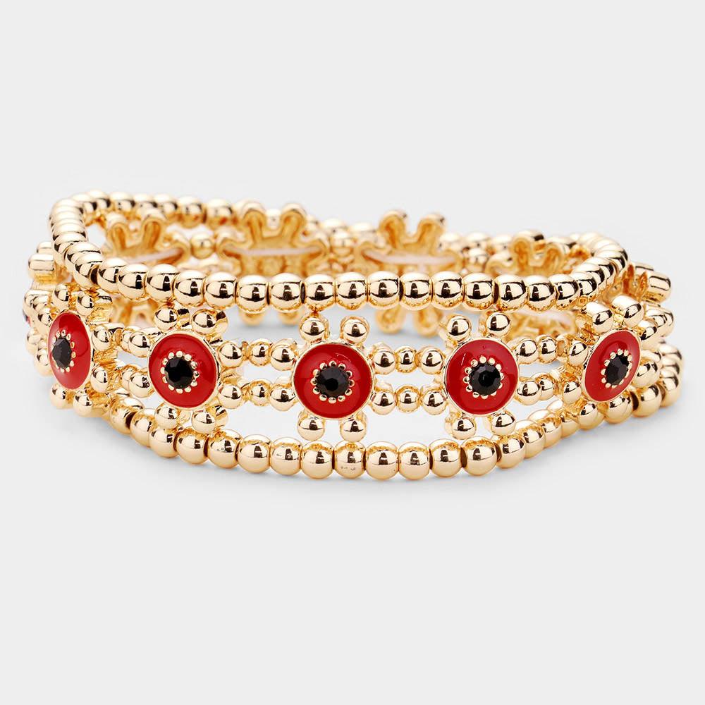 Red 3PCS  Rhinestone Enamel Floral Stretch Layered Bracelets