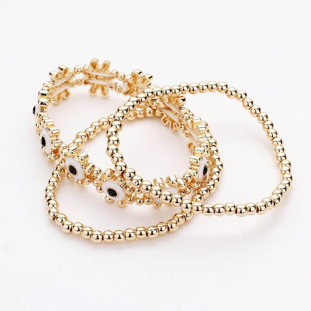 White 3PCS Rhinestone Enamel Floral Stretch Layered Bracelets - Jewelry Store by Erik Rayo