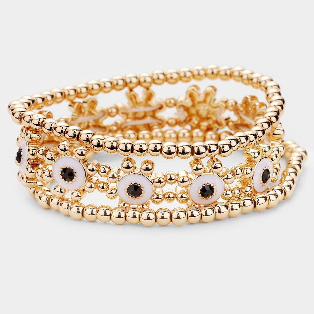 White 3PCS Rhinestone Enamel Floral Stretch Layered Bracelets - Jewelry Store by Erik Rayo