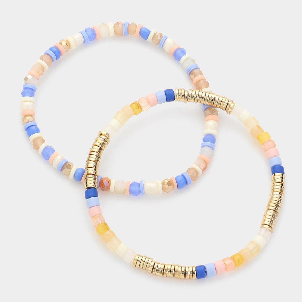 Blue 2PCS - Heishi Beaded Stretch Multi Layered Bracelets - Jewelry Store by Erik Rayo