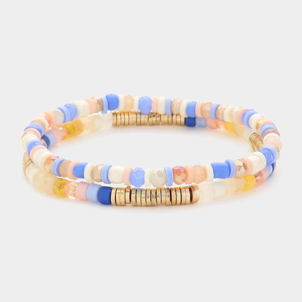 Blue 2PCS - Heishi Beaded Stretch Multi Layered Bracelets