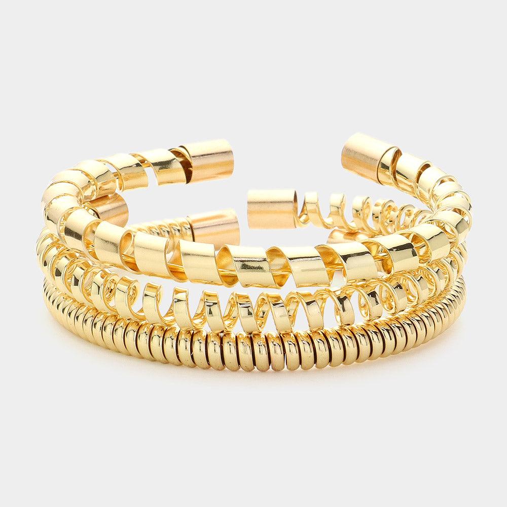 Gold 3PCS  Metal Coil Multi Layered Cuff Bracelets