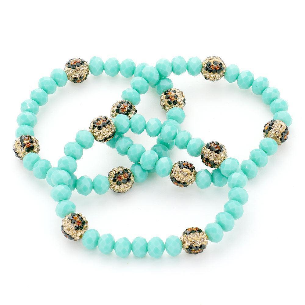 Turquoise 3PCS - Leopard Pattern Shamballa Ball Faceted Bead Stretch Bracelets - Jewelry Store by Erik Rayo