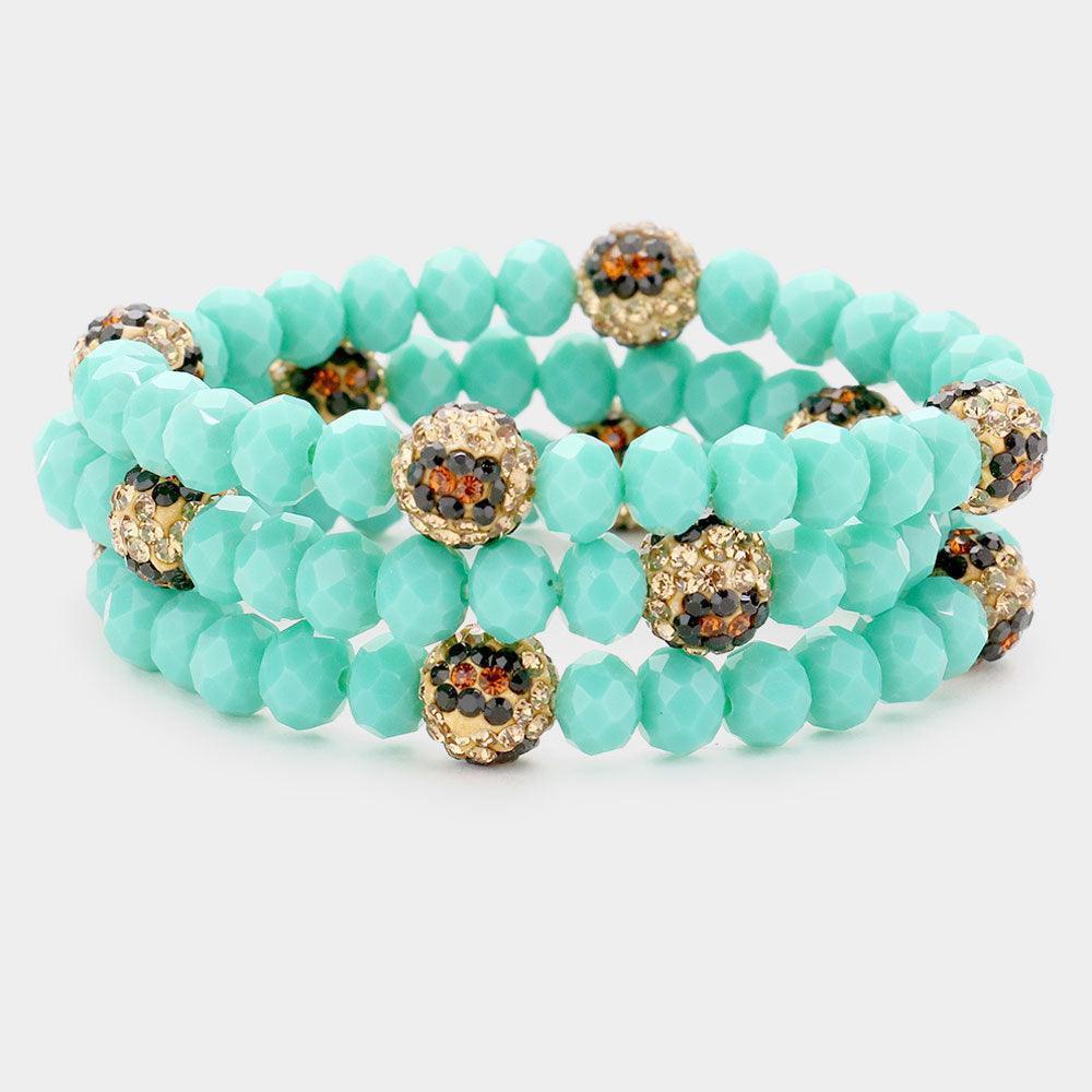 Turquoise 3PCS - Leopard Pattern Shamballa Ball Faceted Bead Stretch Bracelets - Jewelry Store by Erik Rayo