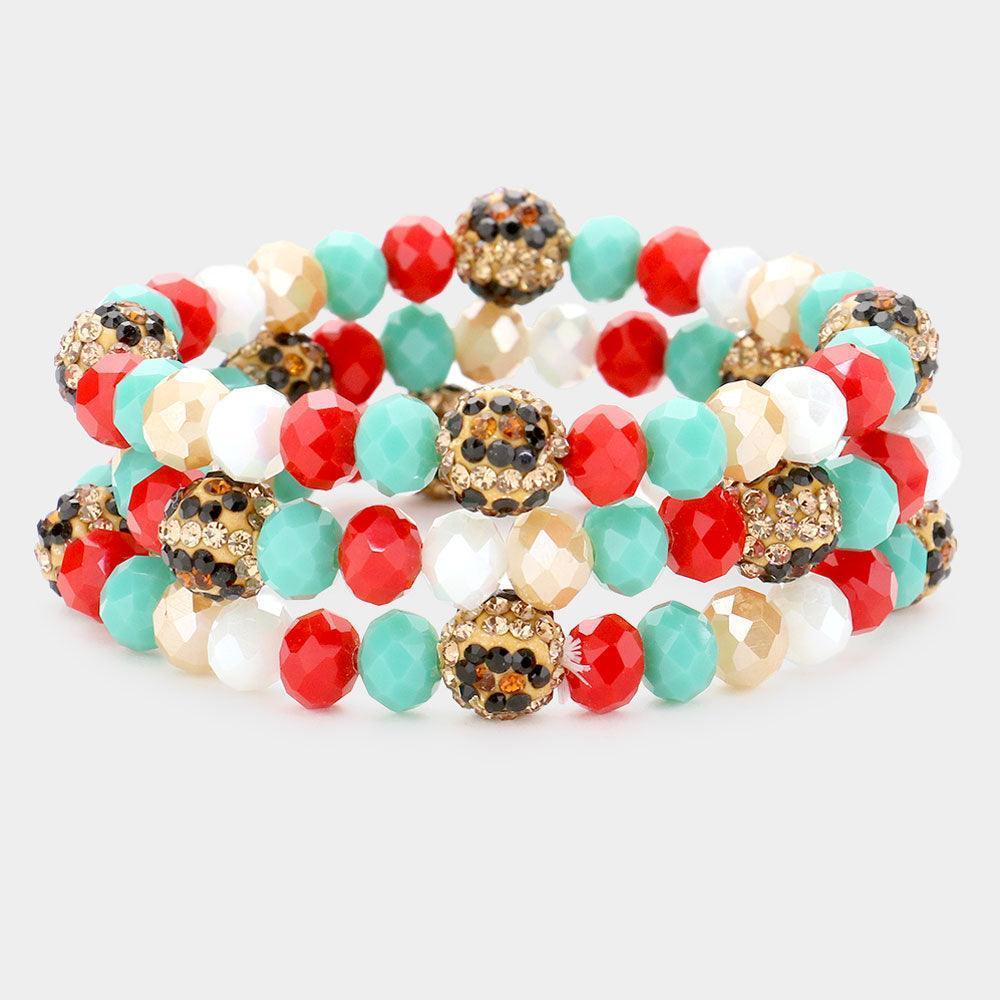 3PCS - Leopard Pattern Shamballa Ball Faceted Bead Stretch Bracelets - Jewelry Store by Erik Rayo