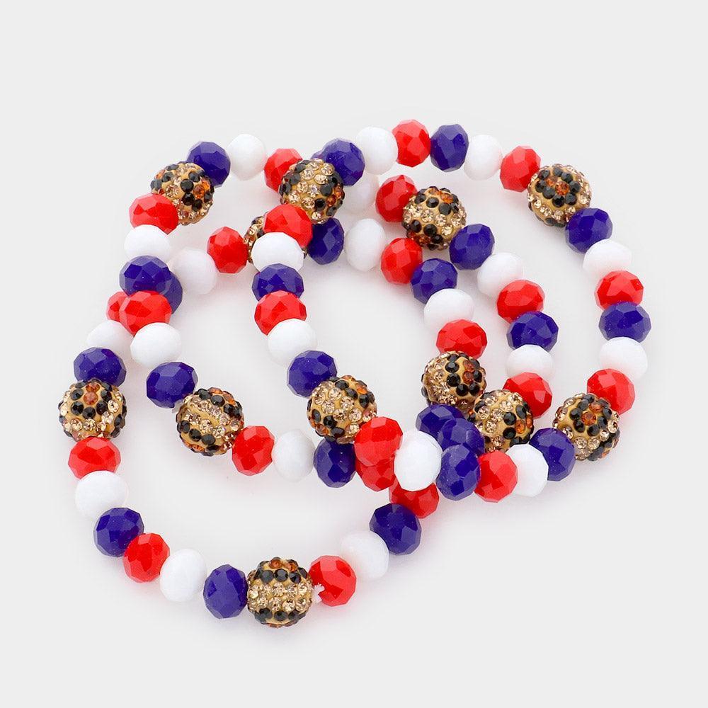 3PCS - Leopard Pattern American USA Flag Shamballa Ball Faceted Bead Stretch Bracelets - Jewelry Store by Erik Rayo