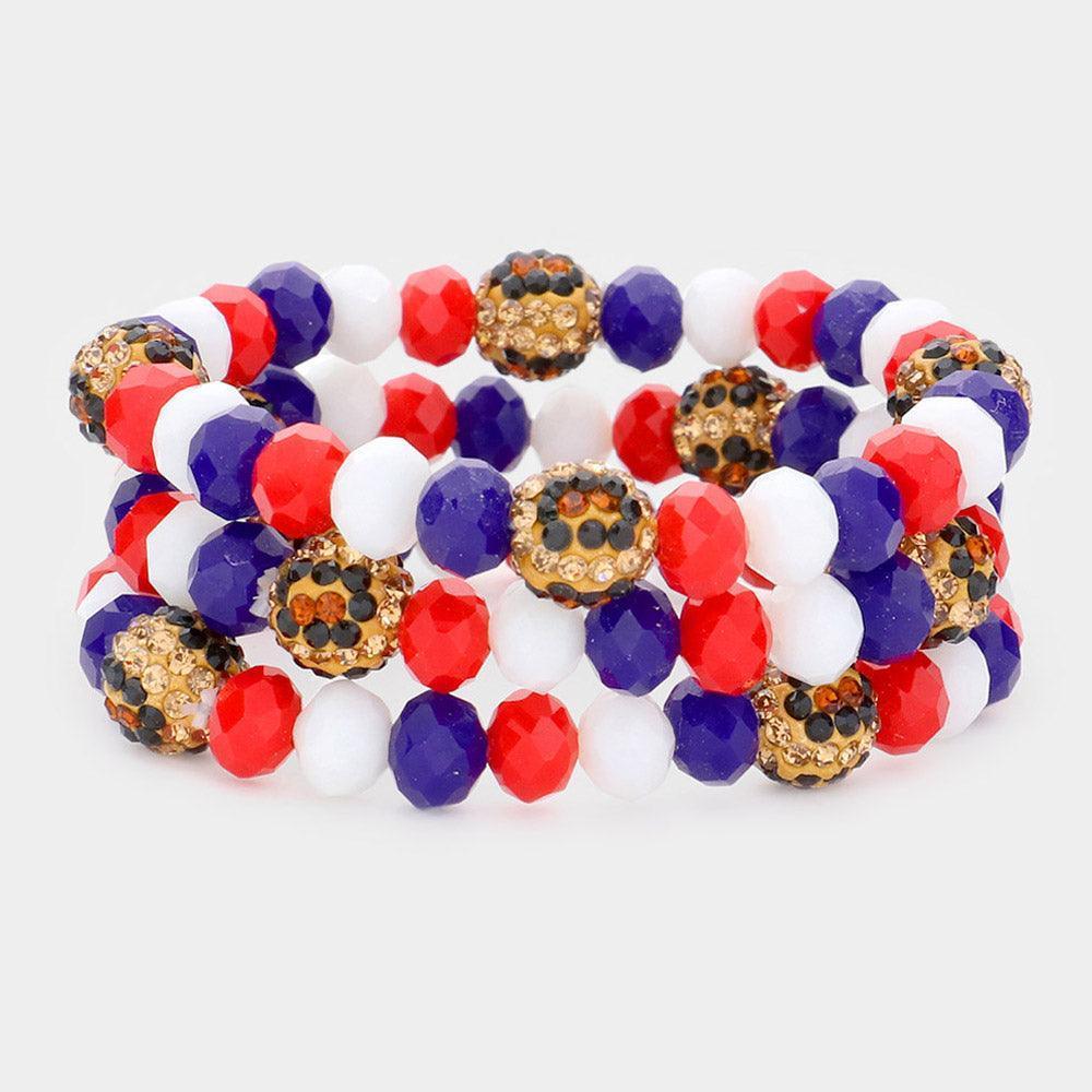 3PCS - Leopard Pattern American USA Flag Shamballa Ball Faceted Bead Stretch Bracelets - Jewelry Store by Erik Rayo