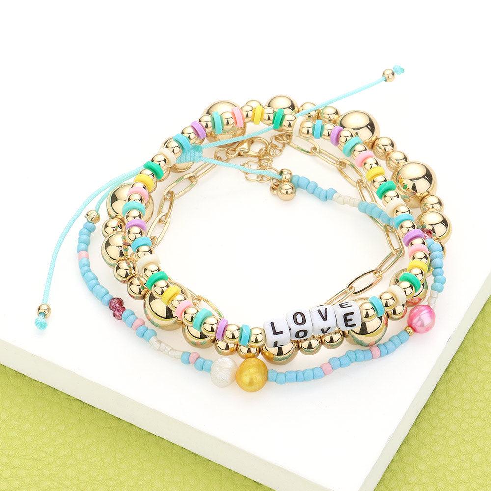 Turquoise 4PCS  LOVE Message Heishi Beaded Oval Metal Link Metal Ball Stretch Multi Beads Adjustable Layered Bracelets