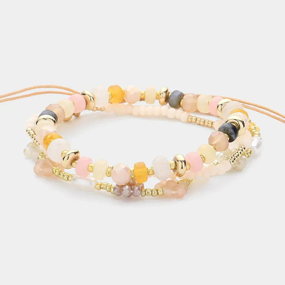 Gold 3PCS - Multi Beaded Stretch Faceted Flower Pearl Beaded Adjustable Multi Layered Bracelets - Jewelry Store by Erik Rayo