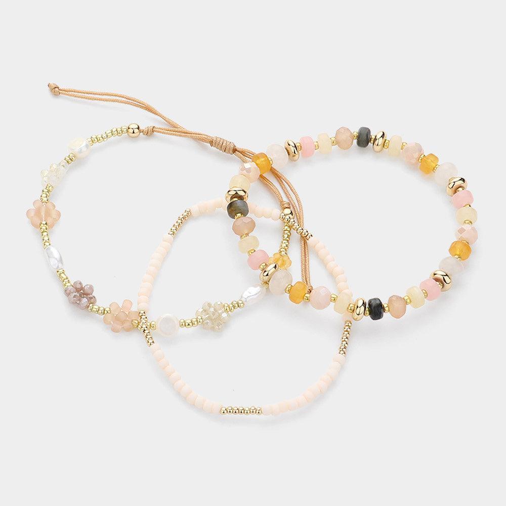 Gold 3PCS - Multi Beaded Stretch Faceted Flower Pearl Beaded Adjustable Multi Layered Bracelets - Jewelry Store by Erik Rayo