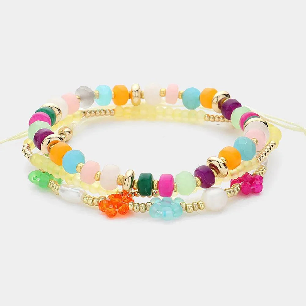 Gold 3PCS - Multi Beaded Stretch Faceted Flower Pearl Beaded Adjustable Multi Layered Bracelets - Jewelry Store by Erik Rayo
