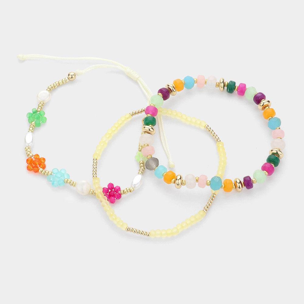 Gold 3PCS - Multi Beaded Stretch Faceted Flower Pearl Beaded Adjustable Multi Layered Bracelets - Jewelry Store by Erik Rayo