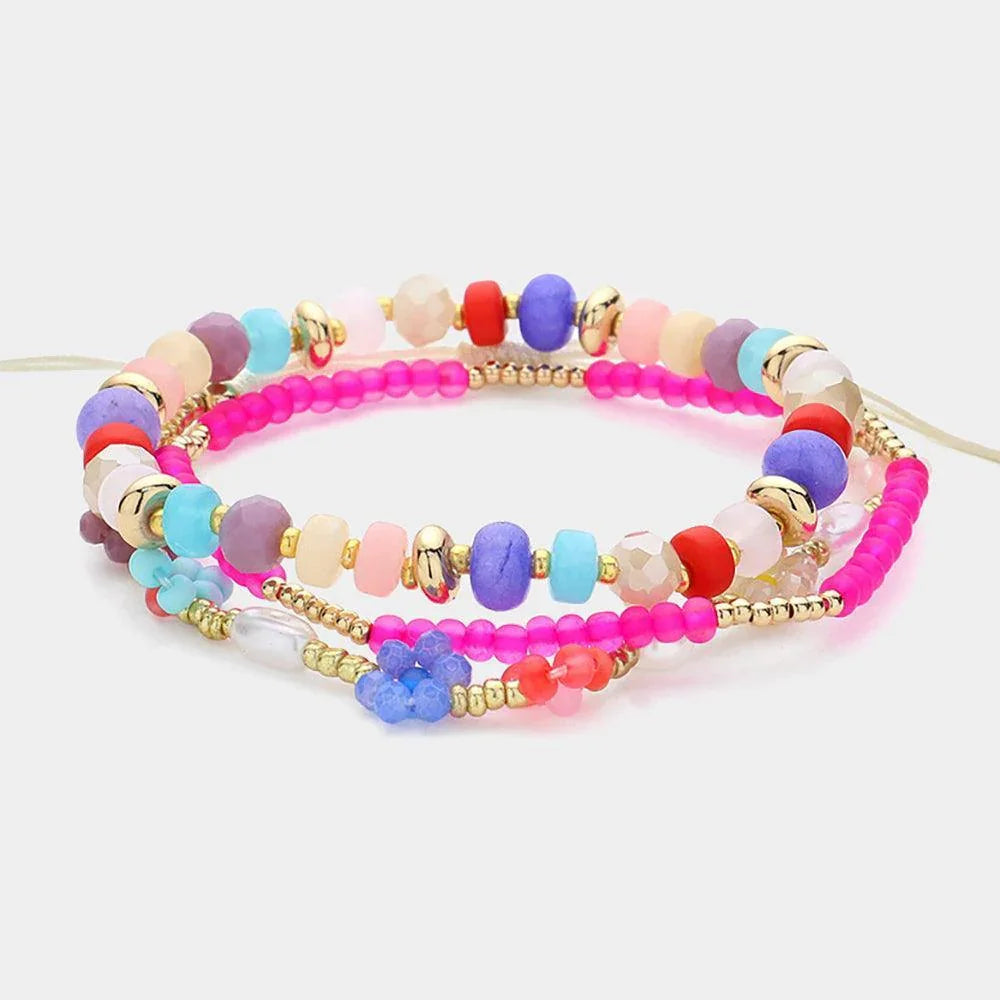 Gold 3PCS - Multi Beaded Stretch Faceted Flower Pearl Beaded Adjustable Multi Layered Bracelets - Jewelry Store by Erik Rayo