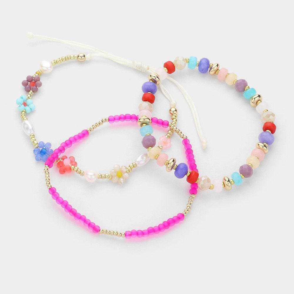 Gold 3PCS - Multi Beaded Stretch Faceted Flower Pearl Beaded Adjustable Multi Layered Bracelets - Jewelry Store by Erik Rayo