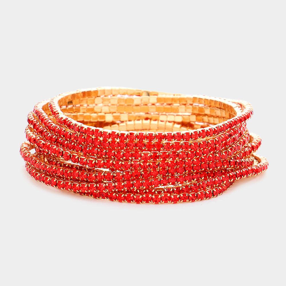 Red 12PCS - Stackable Rhinestone Stretch Evening Bracelets