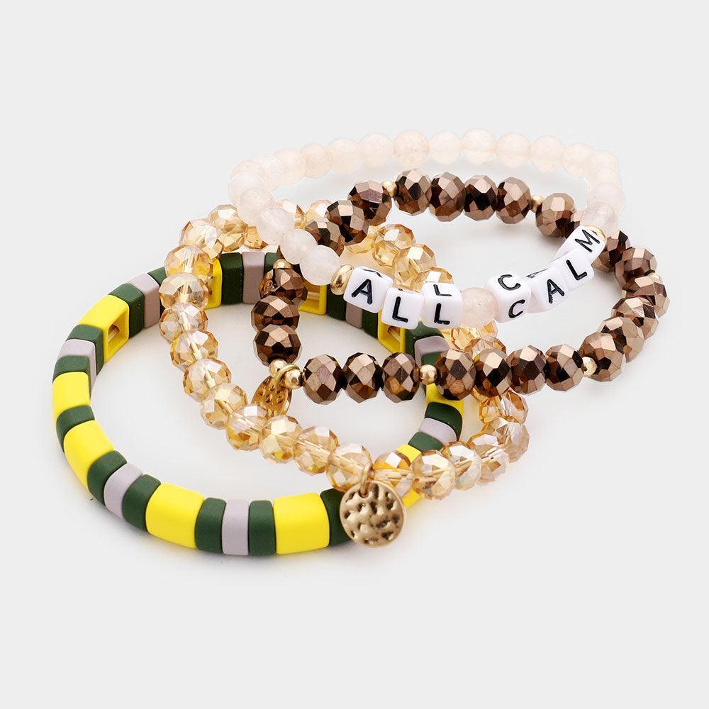 Brown 4PCS ALL CALM Natural Stone Metal Disc Charm Layered Bracelets - Jewelry Store by Erik Rayo