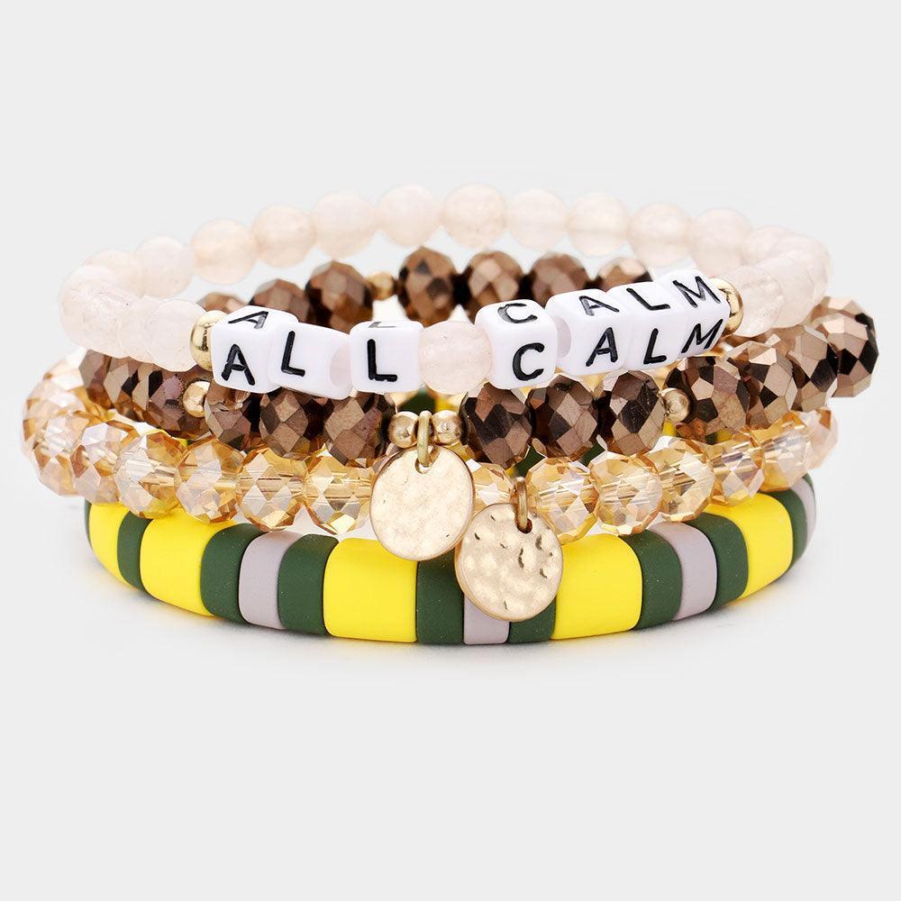 Brown 4PCS ALL CALM Natural Stone Metal Disc Charm Layered Bracelets - Jewelry Store by Erik Rayo