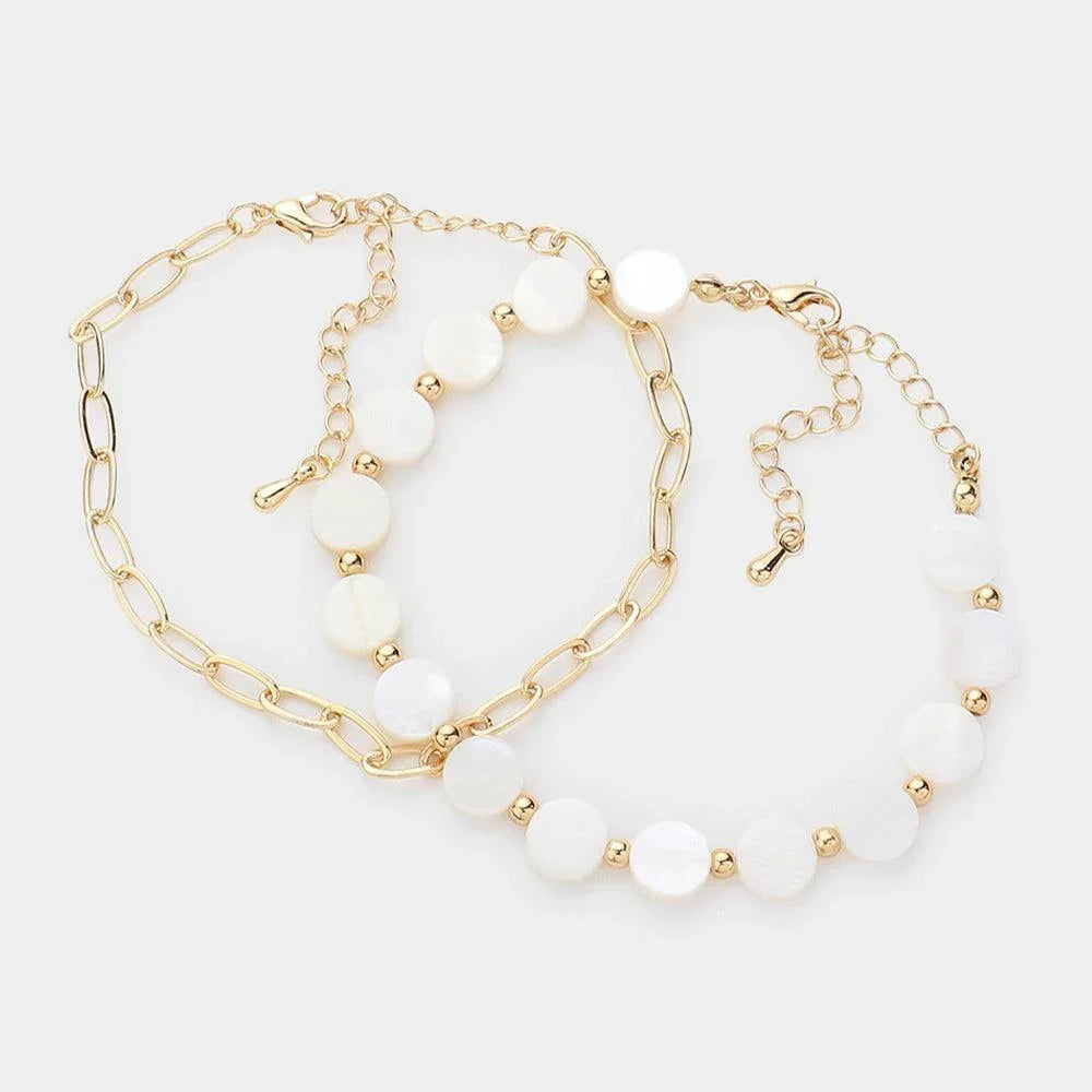 Gold Mother Of Pearl Disc Station Paper Clip Metal Chain Layered Bracelet - Jewelry Store by Erik Rayo