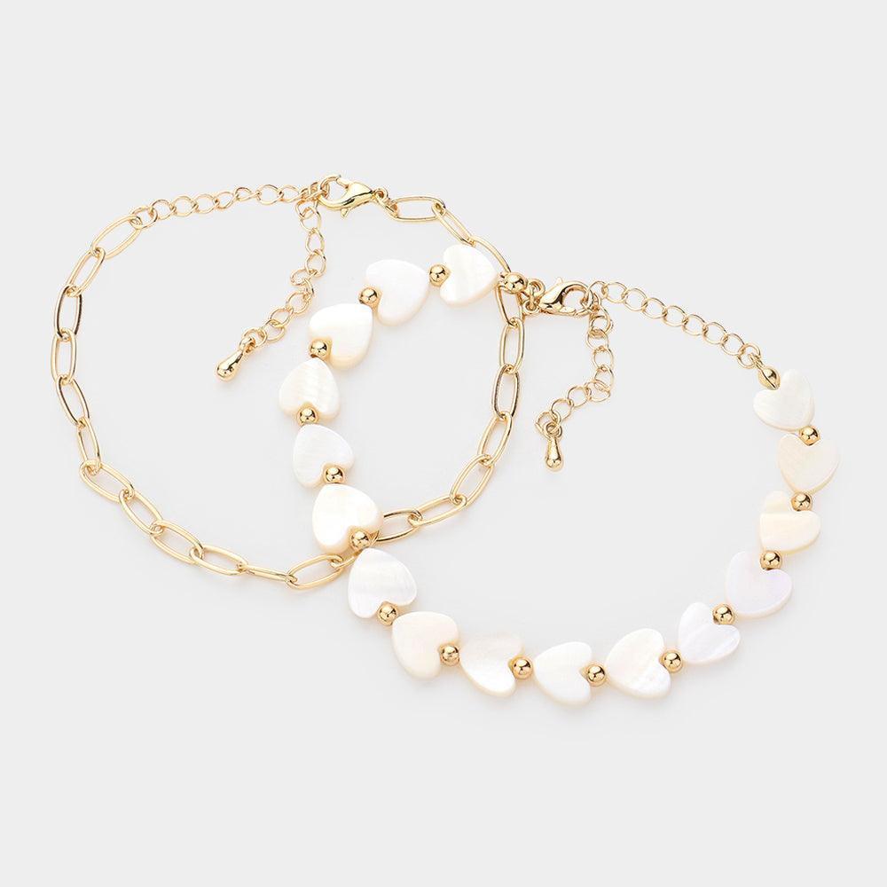 Gold Mother Of Pearl Heart Station Paper Clip Metal Chain Layered Bracelet - Jewelry Store by Erik Rayo