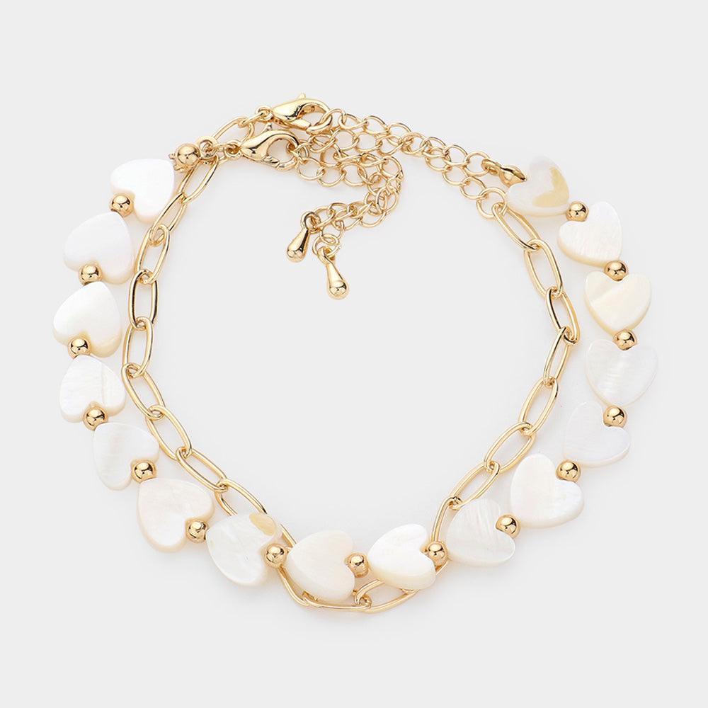 Gold Mother Of Pearl Heart Station Paper Clip Metal Chain Layered Bracelet - Jewelry Store by Erik Rayo