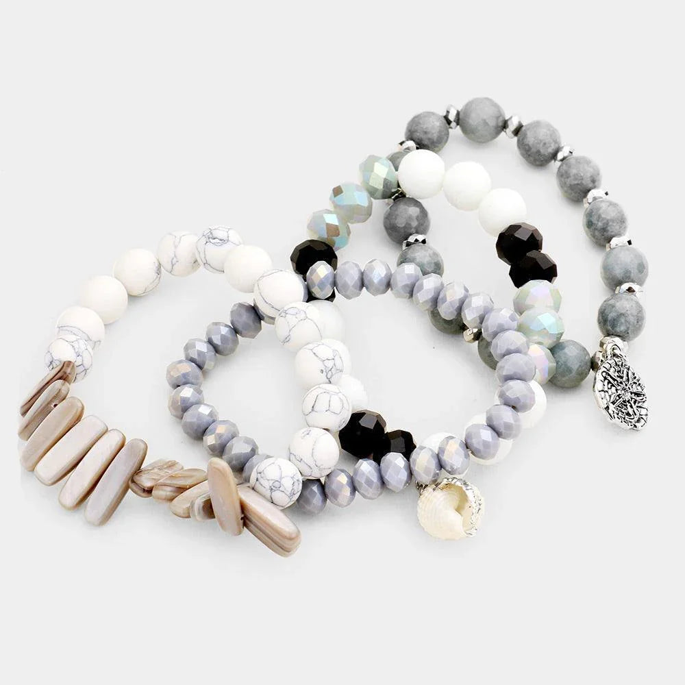 White 4PCS Semi Precious Stone Sand Dollar Bead Stretch Bracelets - Jewelry Store by Erik Rayo