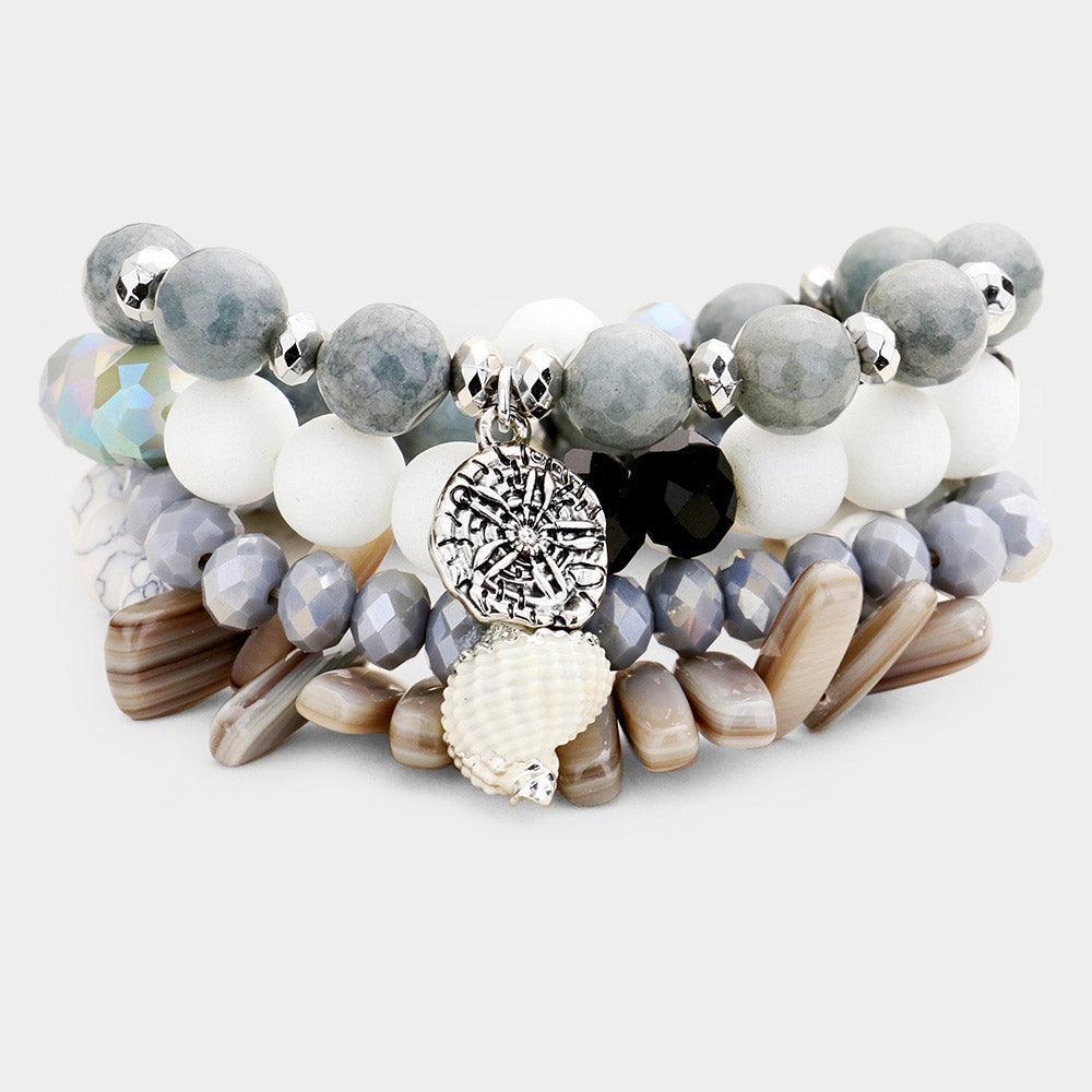 White 4PCS Semi Precious Stone Sand Dollar Bead Stretch Bracelets - Jewelry Store by Erik Rayo