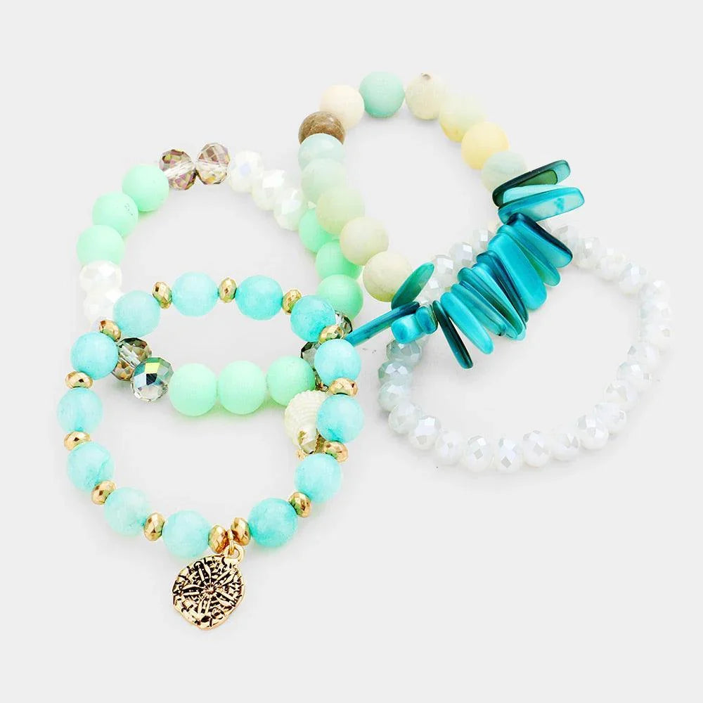 Green 4PCS Semi Precious Stone Sand Dollar Bead Stretch Bracelets - Jewelry Store by Erik Rayo